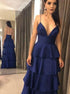 A Line V Neck Navy Blue Satin Prom Dresses LBQ1084